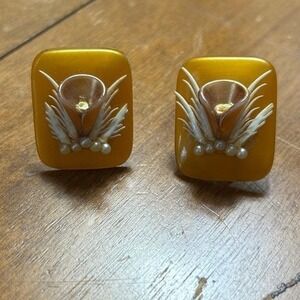 Vintage Mustard Yellow 3D Floral Screw Back Earrings Faux Pearl Accent MCM